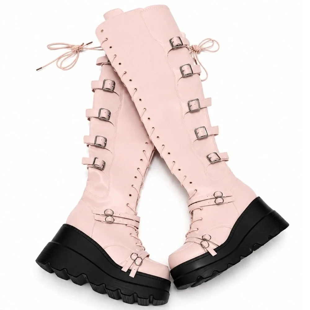 Platform Boots Over Knee Thigh High Goth Boots Chunky Heel Pink Size 8.5